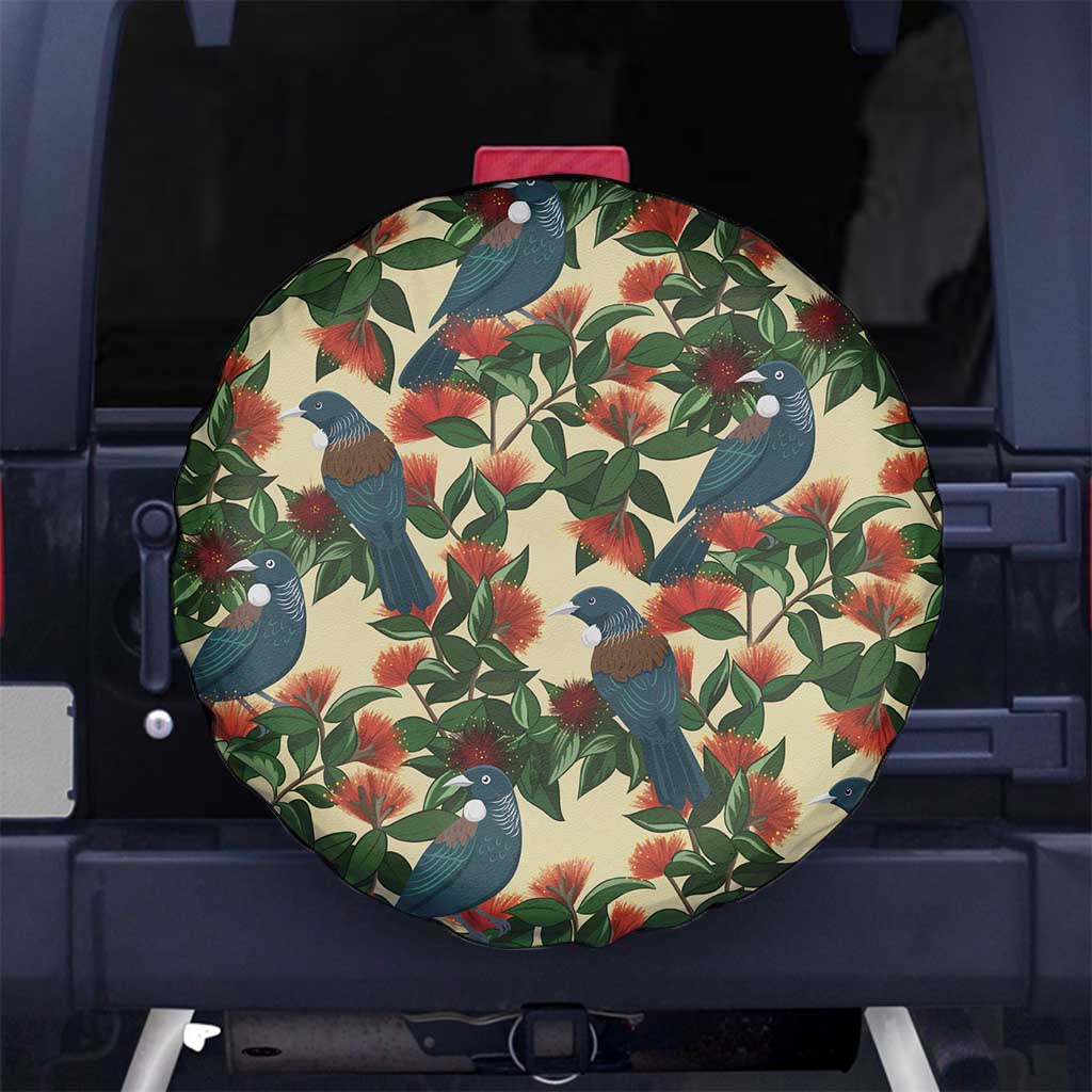New Zealand Christmas Spare Tire Cover Romantic Tui Birds on Pohutukawa - Ivory - Polynesian Pride