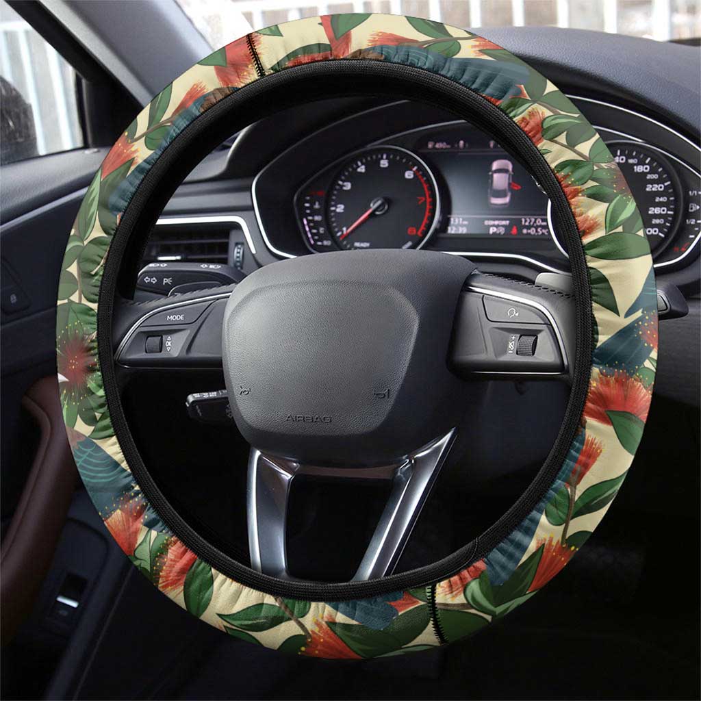 New Zealand Christmas Steering Wheel Cover Romantic Tui Birds on Pohutukawa - Ivory - Polynesian Pride