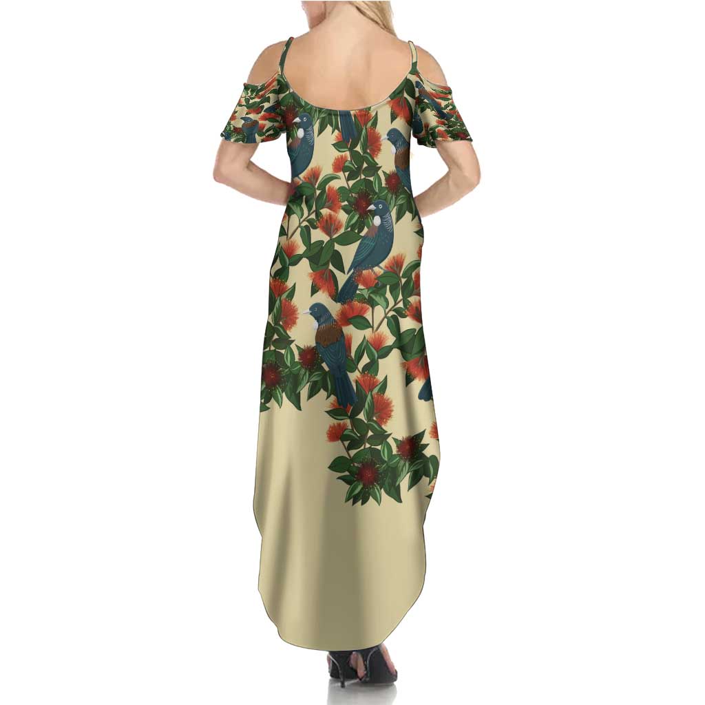 New Zealand Christmas Summer Maxi Dress Romantic Tui Birds on Pohutukawa - Ivory - Polynesian Pride