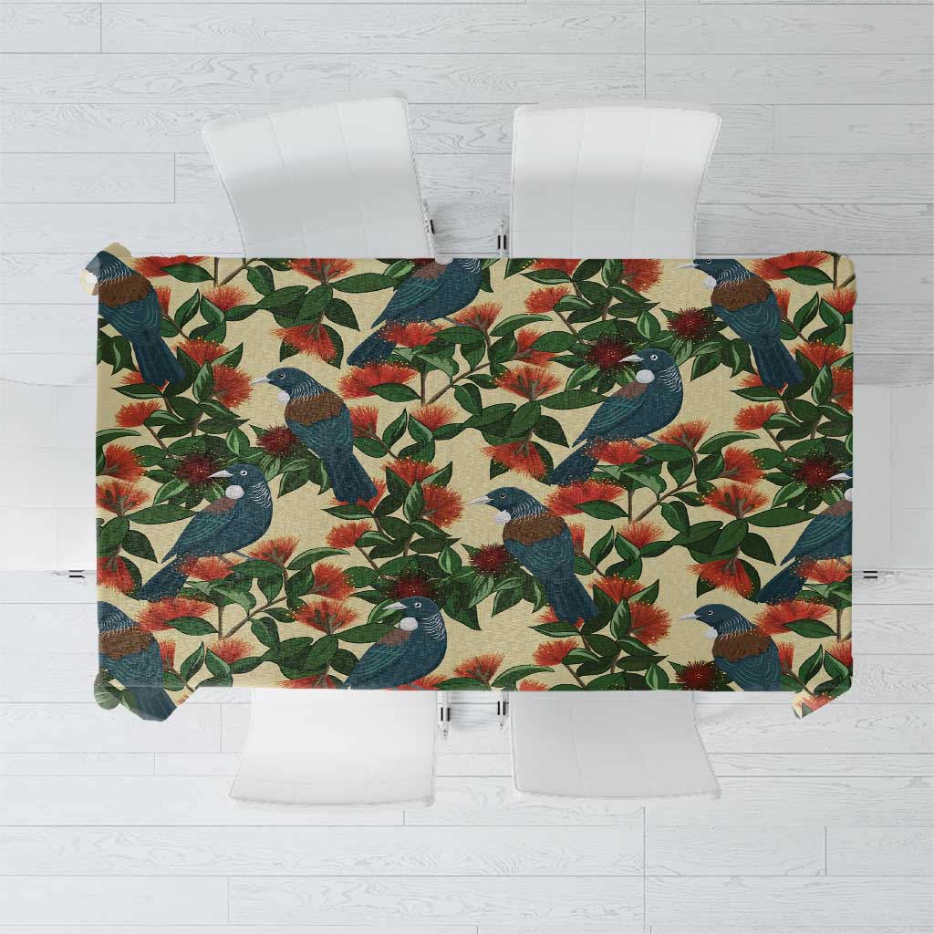 New Zealand Christmas Tablecloth Romantic Tui Birds on Pohutukawa - Ivory - Polynesian Pride