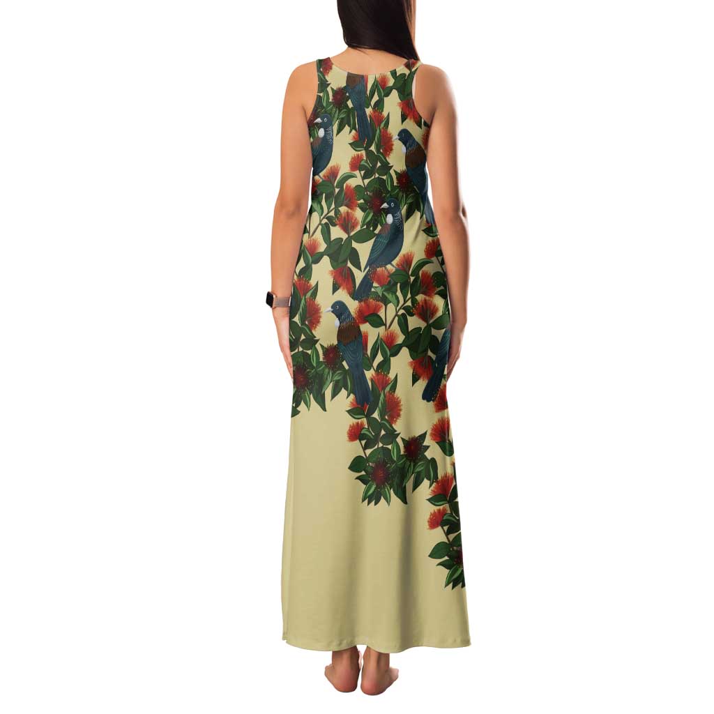 New Zealand Christmas Tank Maxi Dress Romantic Tui Birds on Pohutukawa - Ivory - Polynesian Pride