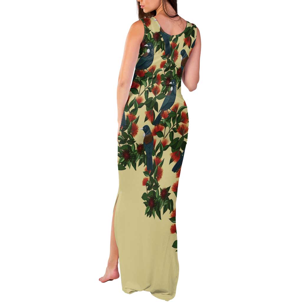 New Zealand Christmas Tank Maxi Dress Romantic Tui Birds on Pohutukawa - Ivory - Polynesian Pride