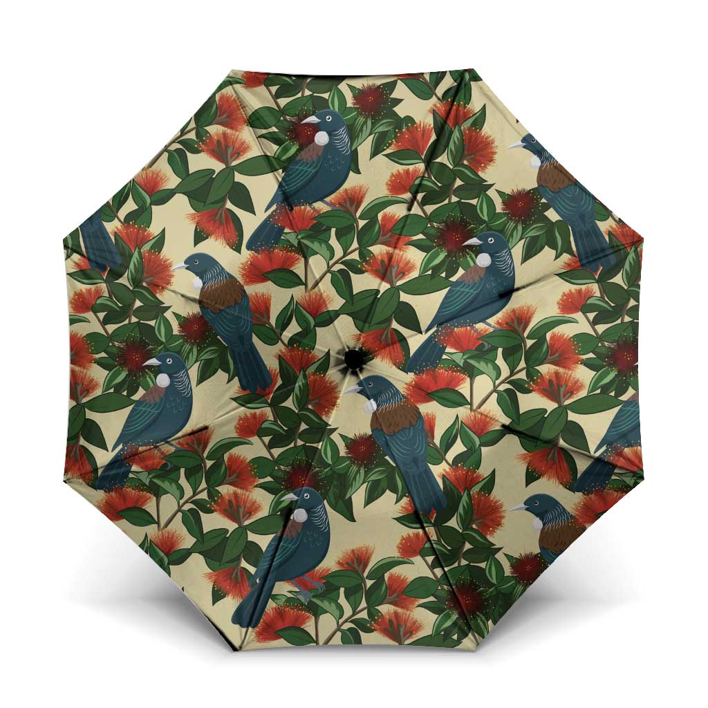 New Zealand Christmas Umbrella Romantic Tui Birds on Pohutukawa - Ivory - Polynesian Pride