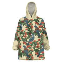 New Zealand Christmas Wearable Blanket Hoodie Romantic Tui Birds on Pohutukawa - Ivory - Polynesian Pride