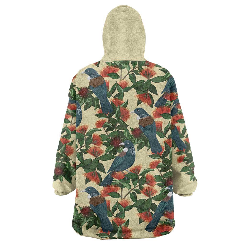 New Zealand Christmas Wearable Blanket Hoodie Romantic Tui Birds on Pohutukawa - Ivory - Polynesian Pride