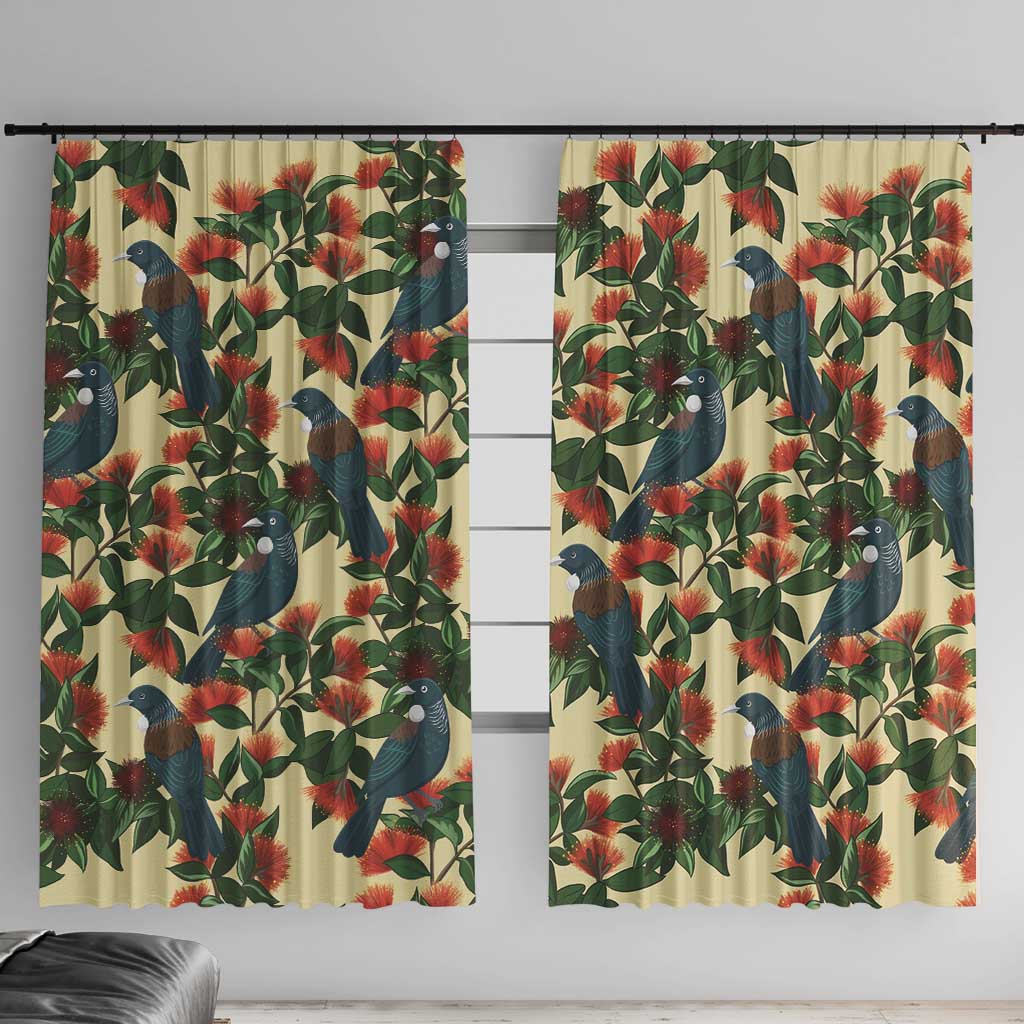 New Zealand Christmas Window Curtain Romantic Tui Birds on Pohutukawa - Ivory - Polynesian Pride