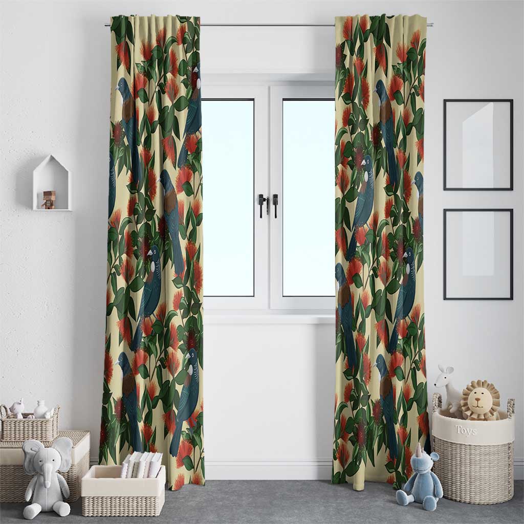 New Zealand Christmas Window Curtain Romantic Tui Birds on Pohutukawa - Ivory - Polynesian Pride