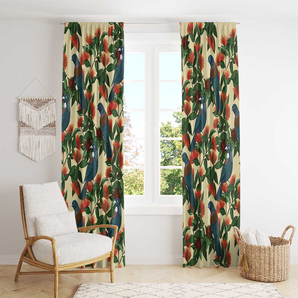 New Zealand Christmas Window Curtain Romantic Tui Birds on Pohutukawa - Ivory - Polynesian Pride