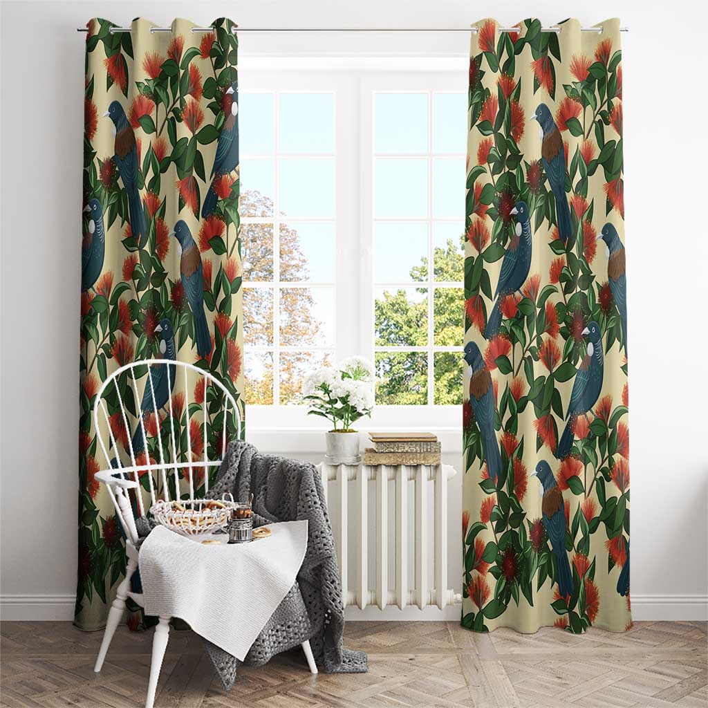 New Zealand Christmas Window Curtain Romantic Tui Birds on Pohutukawa - Ivory - Polynesian Pride