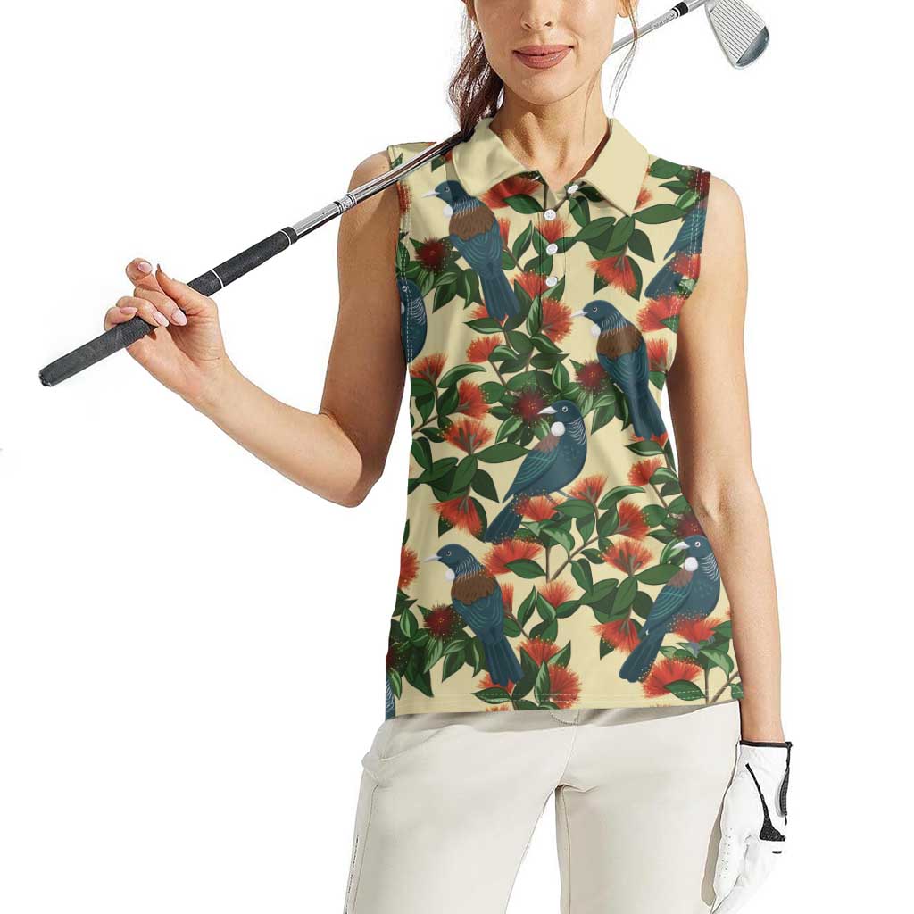 New Zealand Christmas Women Sleeveless Polo Shirt Romantic Tui Birds on Pohutukawa - Ivory - Polynesian Pride