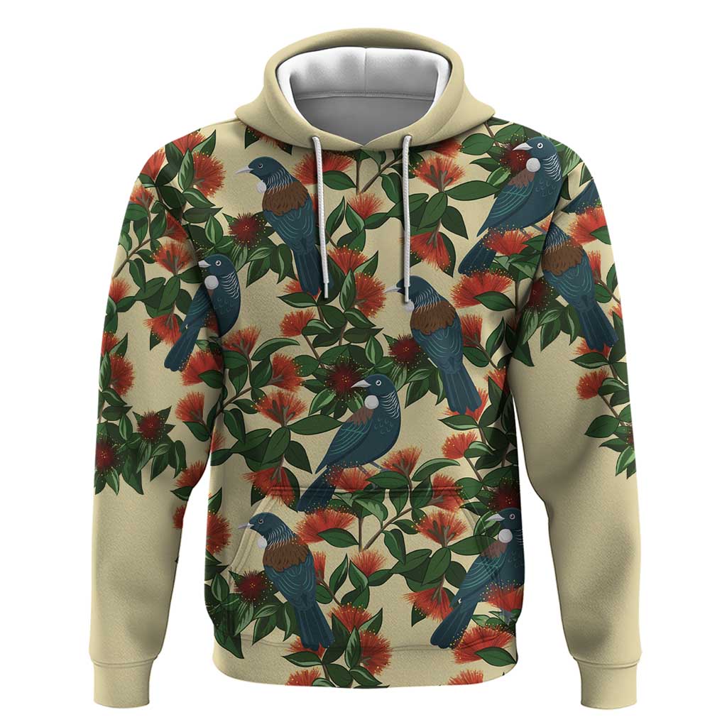 New Zealand Christmas Zip Hoodie Romantic Tui Birds on Pohutukawa - Ivory - Polynesian Pride