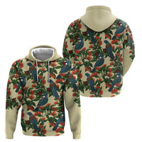 New Zealand Christmas Zip Hoodie Romantic Tui Birds on Pohutukawa - Ivory - Polynesian Pride