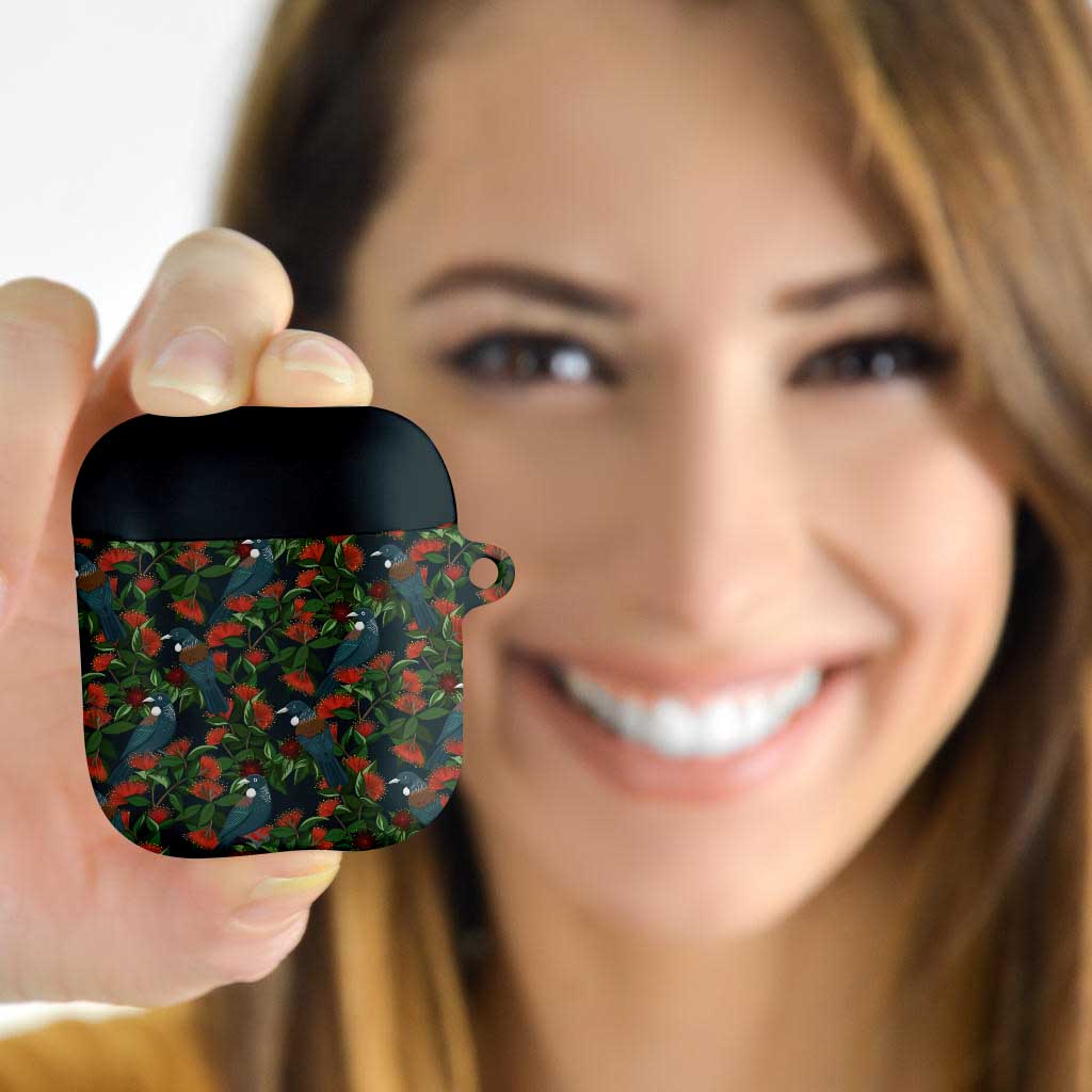 New Zealand Christmas AirPods Case Romantic Tui Birds on Pohutukawa - Cobalt - Polynesian Pride