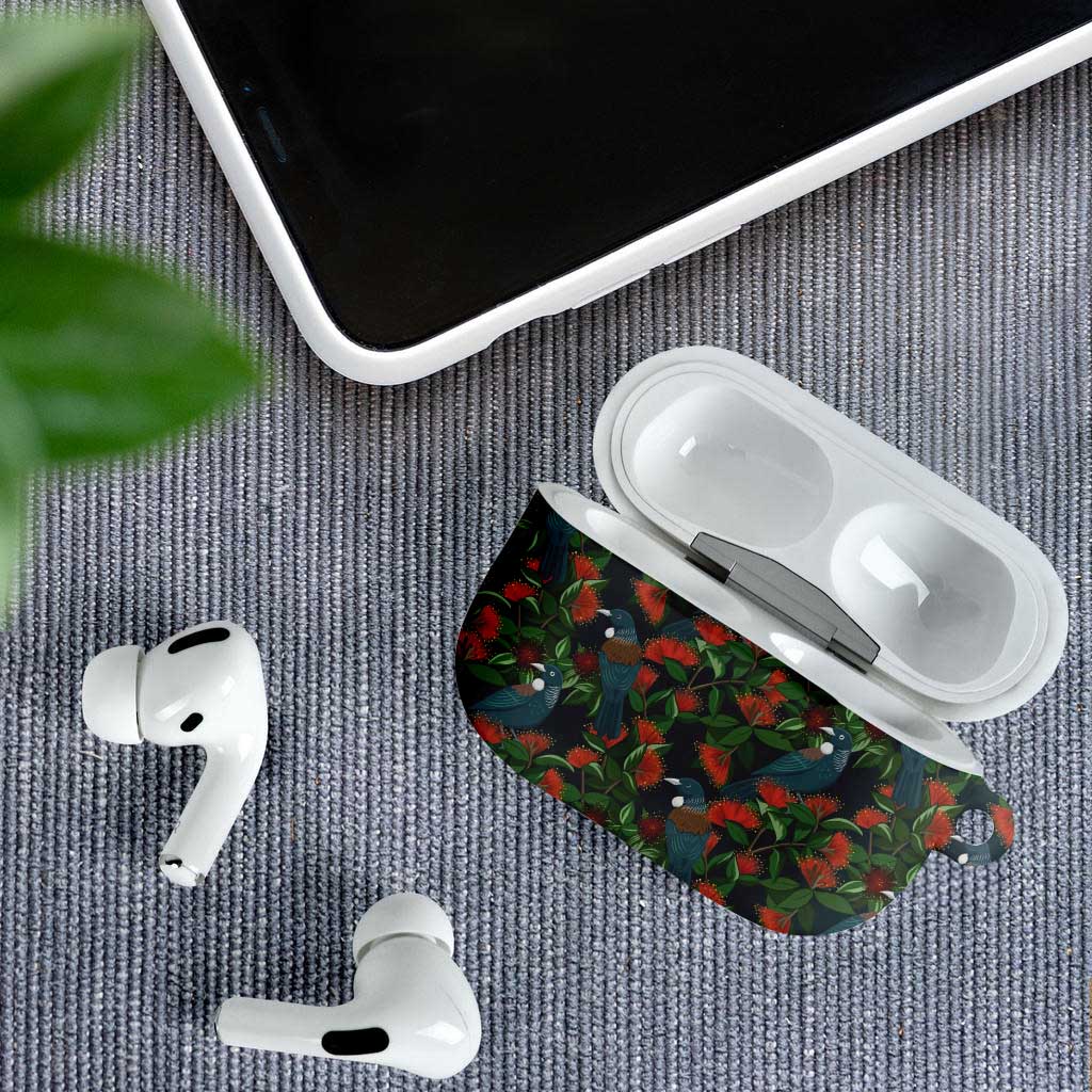 New Zealand Christmas AirPods Case Romantic Tui Birds on Pohutukawa - Cobalt - Polynesian Pride