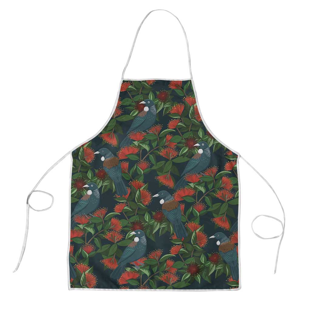 New Zealand Christmas Apron Romantic Tui Birds on Pohutukawa - Cobalt - Polynesian Pride