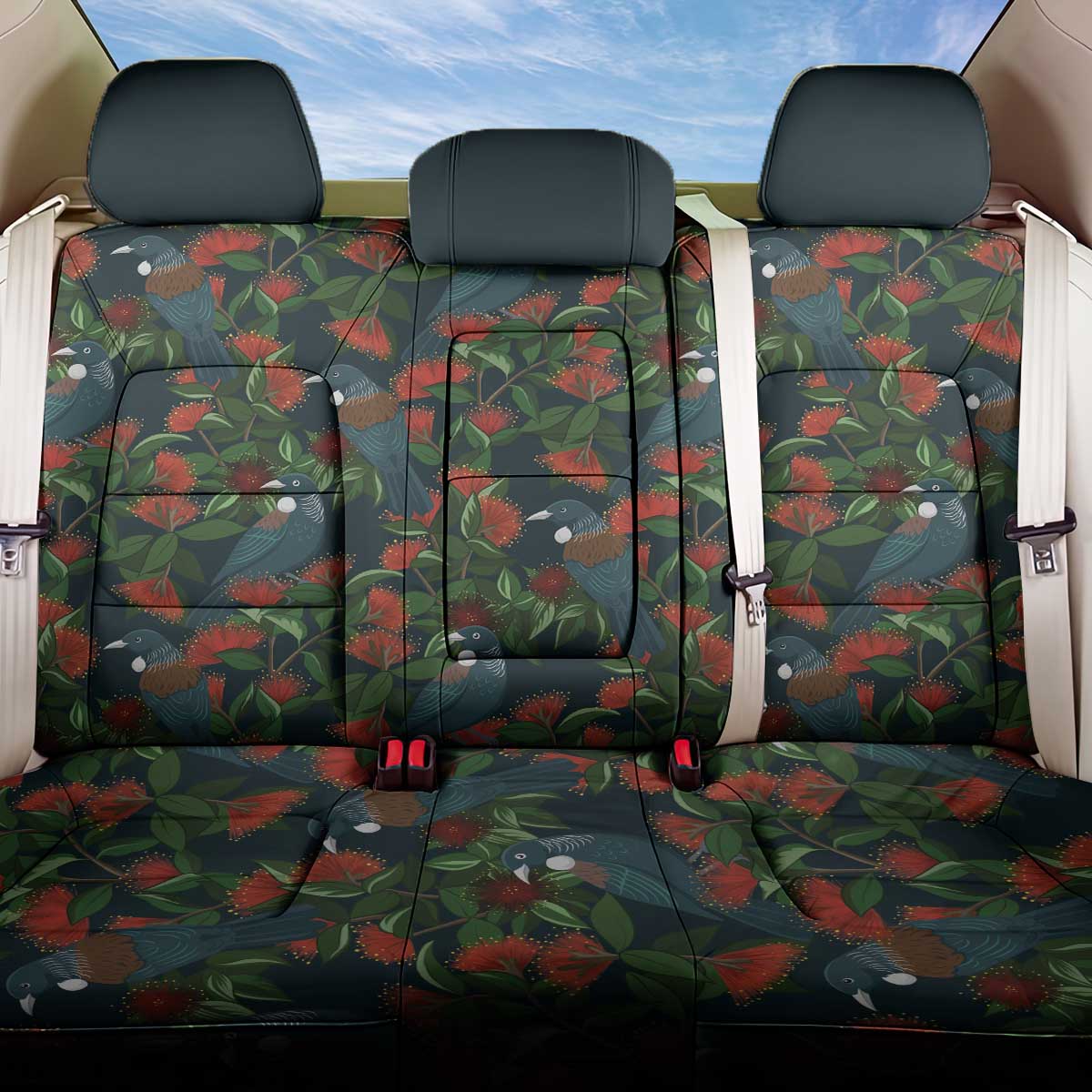 New Zealand Christmas Back Car Seat Cover Romantic Tui Birds on Pohutukawa - Cobalt - Polynesian Pride