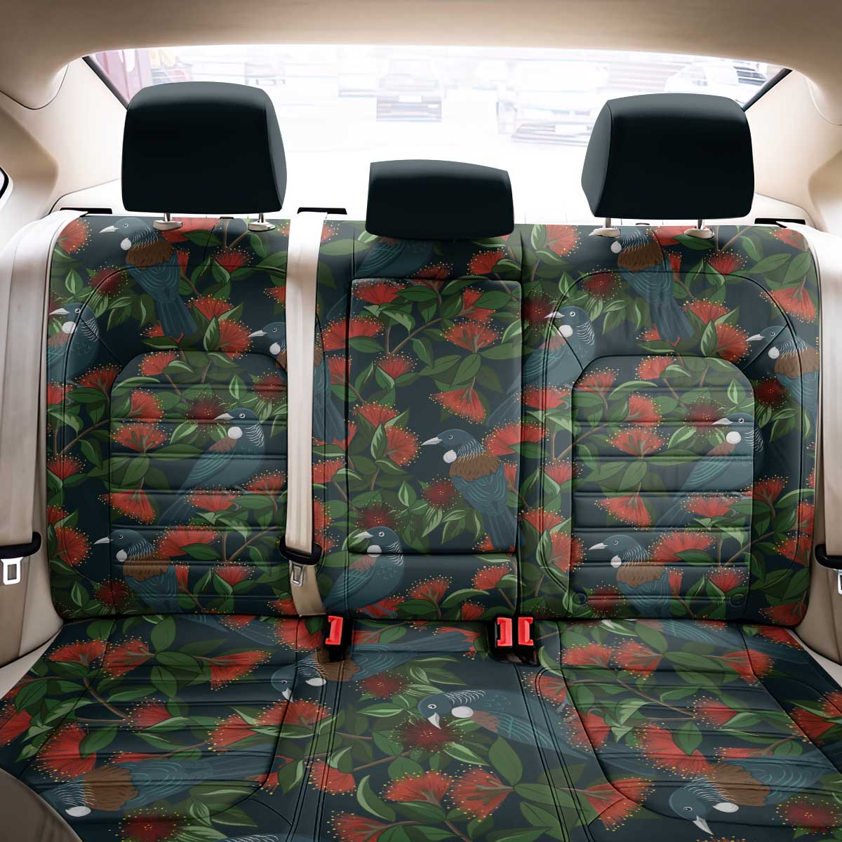 New Zealand Christmas Back Car Seat Cover Romantic Tui Birds on Pohutukawa - Cobalt - Polynesian Pride