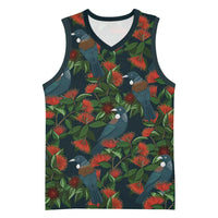 New Zealand Christmas Basketball Jersey Romantic Tui Birds on Pohutukawa - Cobalt - Polynesian Pride