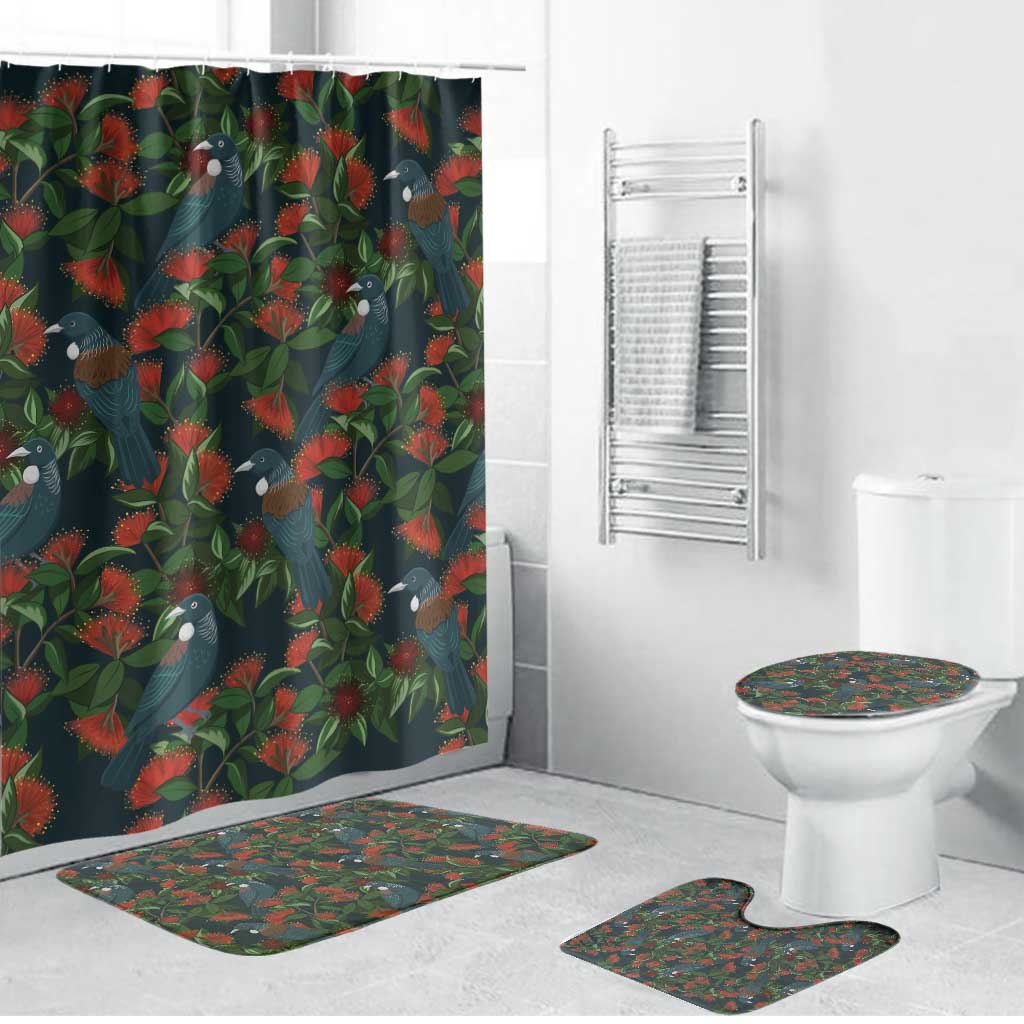 New Zealand Christmas Bathroom Set Romantic Tui Birds on Pohutukawa - Cobalt - Polynesian Pride