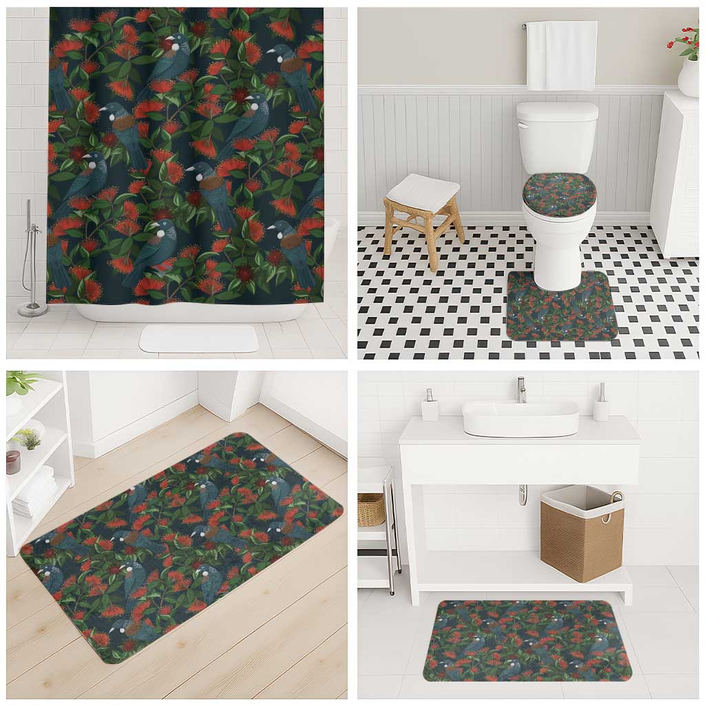 New Zealand Christmas Bathroom Set Romantic Tui Birds on Pohutukawa - Cobalt - Polynesian Pride