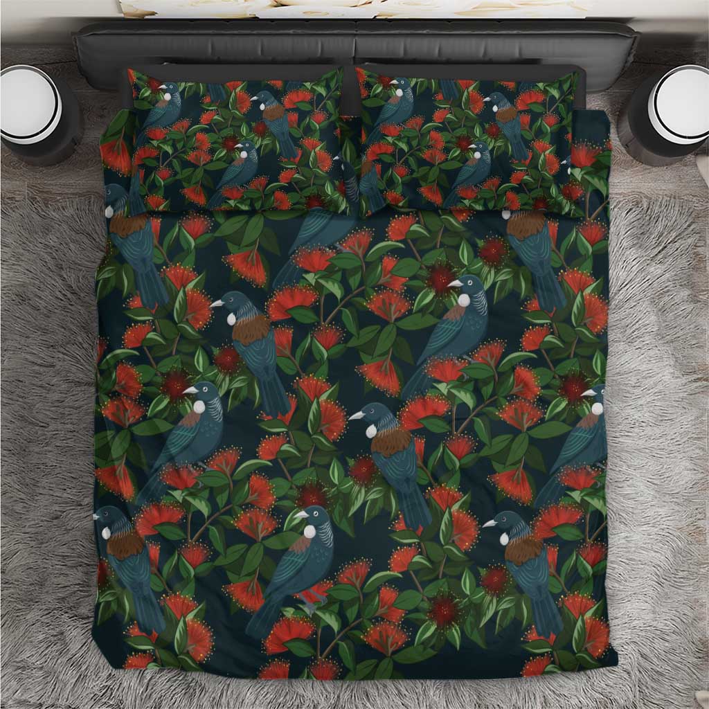 New Zealand Christmas Bedding Set Romantic Tui Birds on Pohutukawa - Cobalt - Polynesian Pride