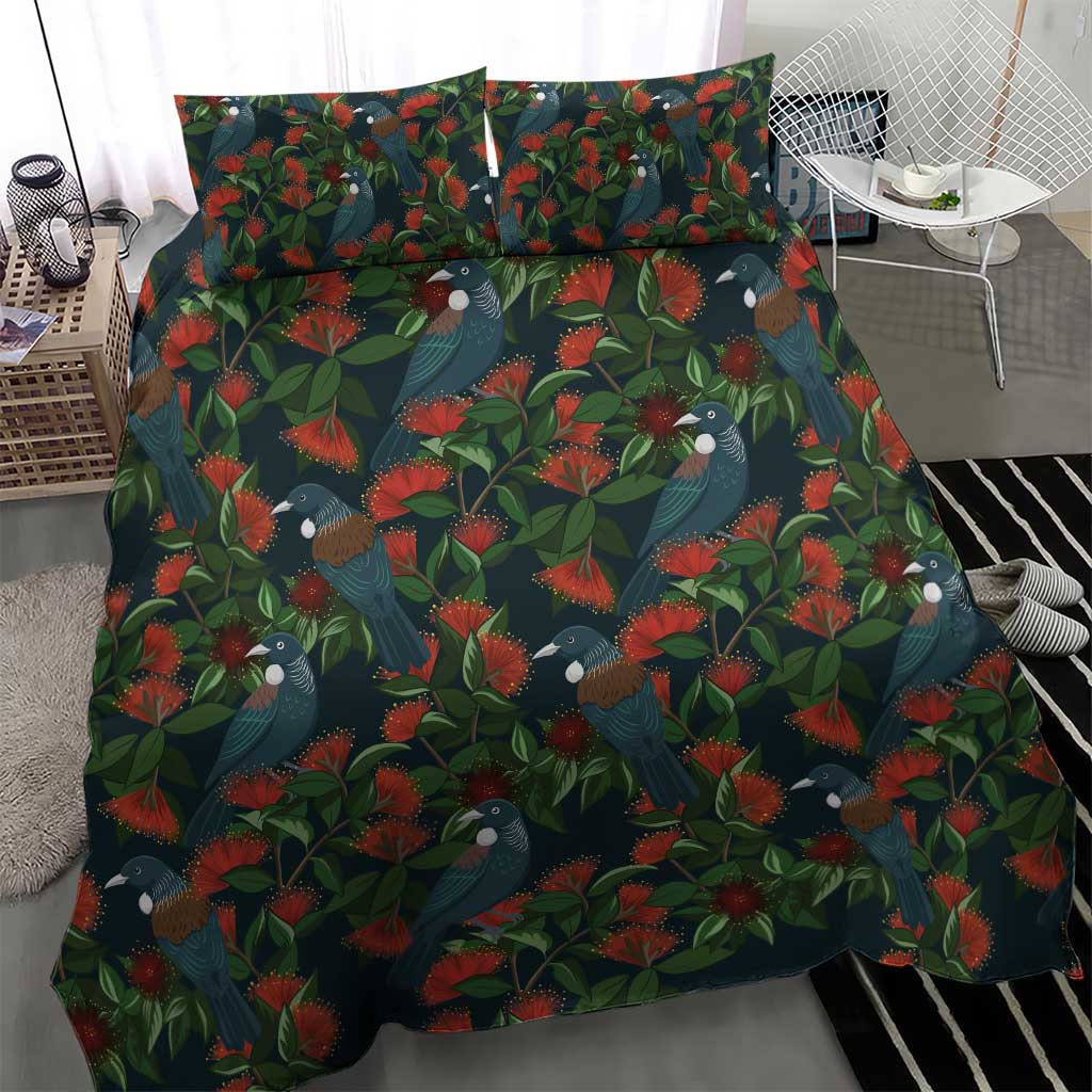 New Zealand Christmas Bedding Set Romantic Tui Birds on Pohutukawa - Cobalt - Polynesian Pride
