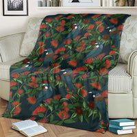 New Zealand Christmas Blanket Romantic Tui Birds on Pohutukawa - Cobalt - Polynesian Pride