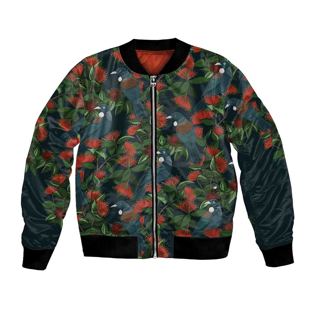 New Zealand Christmas Bomber Jacket Romantic Tui Birds on Pohutukawa - Cobalt - Polynesian Pride