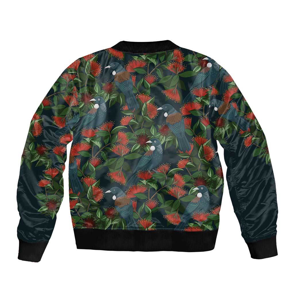New Zealand Christmas Bomber Jacket Romantic Tui Birds on Pohutukawa - Cobalt - Polynesian Pride