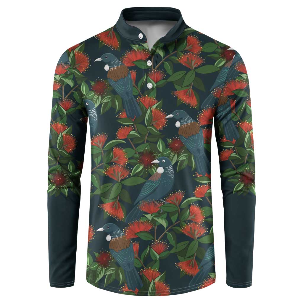 New Zealand Christmas Button Sweatshirt Romantic Tui Birds on Pohutukawa - Cobalt - Polynesian Pride