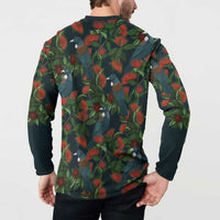 New Zealand Christmas Button Sweatshirt Romantic Tui Birds on Pohutukawa - Cobalt - Polynesian Pride