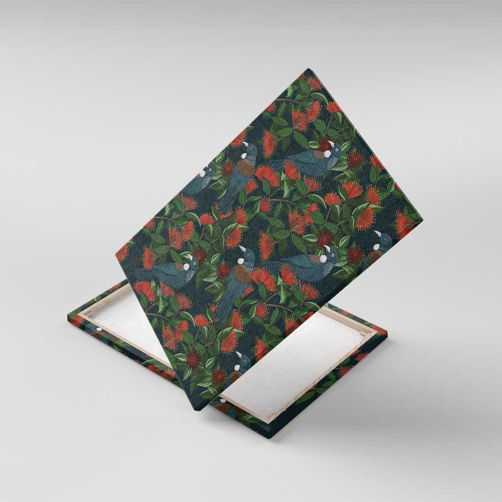 New Zealand Christmas Canvas Wall Art Romantic Tui Birds on Pohutukawa - Cobalt - Polynesian Pride