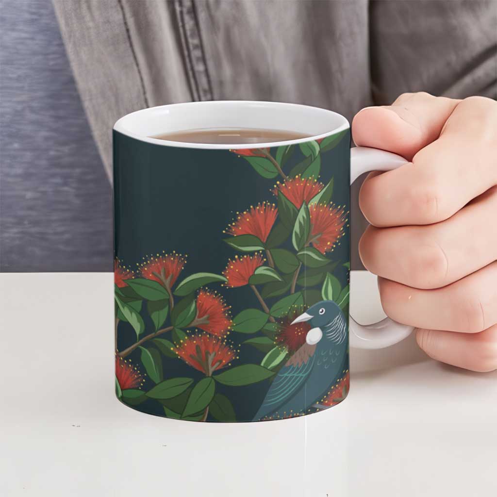 New Zealand Christmas Ceramic Mug Romantic Tui Birds on Pohutukawa - Cobalt - Polynesian Pride