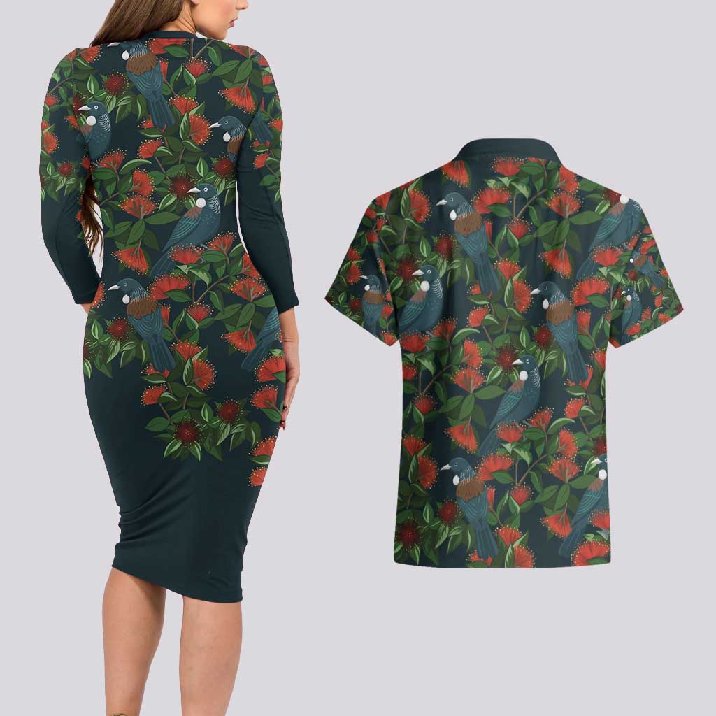 New Zealand Christmas Couples Matching Long Sleeve Bodycon Dress and Hawaiian Shirt Romantic Tui Birds on Pohutukawa - Cobalt - Polynesian Pride