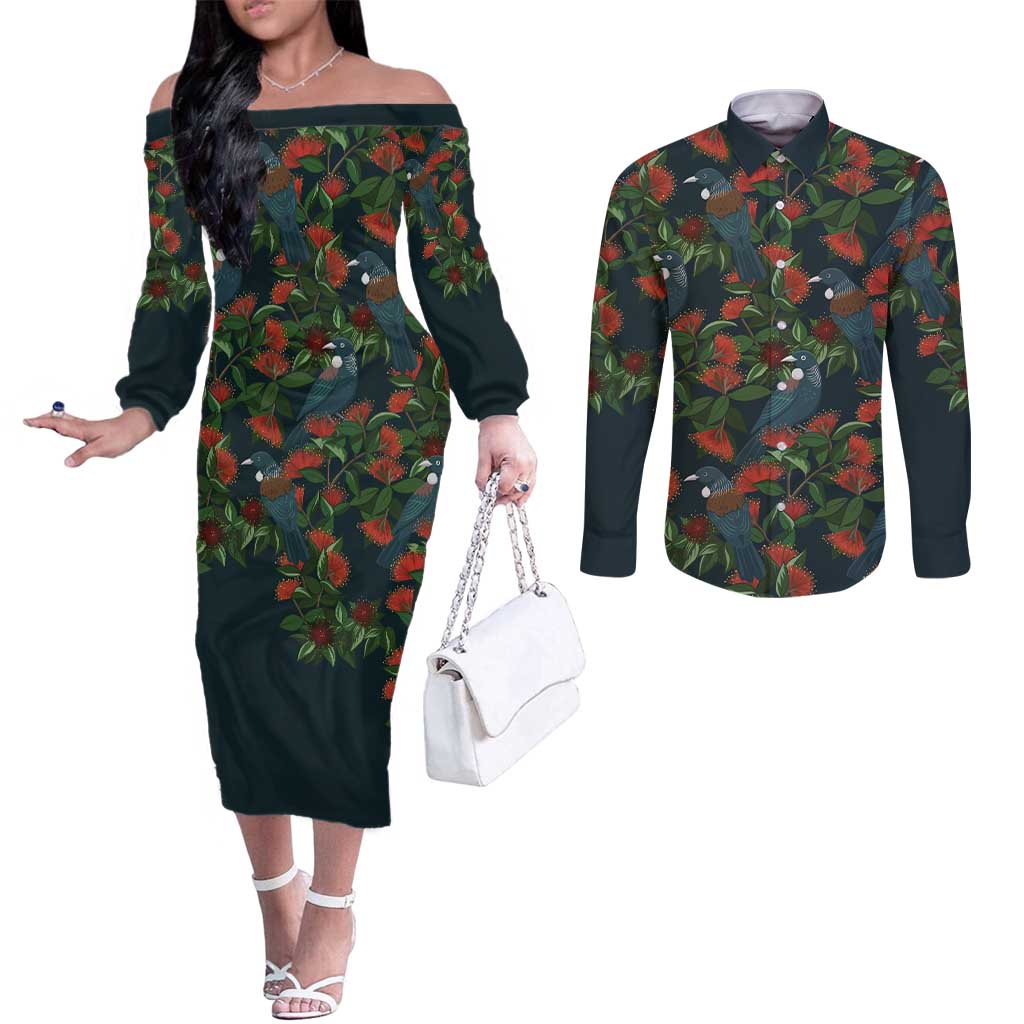 New Zealand Christmas Couples Matching Off The Shoulder Long Sleeve Dress and Long Sleeve Button Shirt Romantic Tui Birds on Pohutukawa - Cobalt - Polynesian Pride