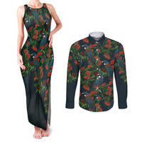 New Zealand Christmas Couples Matching Tank Maxi Dress and Long Sleeve Button Shirt Romantic Tui Birds on Pohutukawa - Cobalt - Polynesian Pride