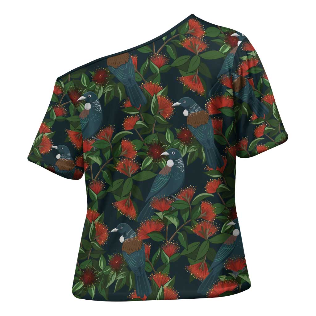 New Zealand Christmas Cross Shoulder Shirt Romantic Tui Birds on Pohutukawa - Cobalt - Polynesian Pride