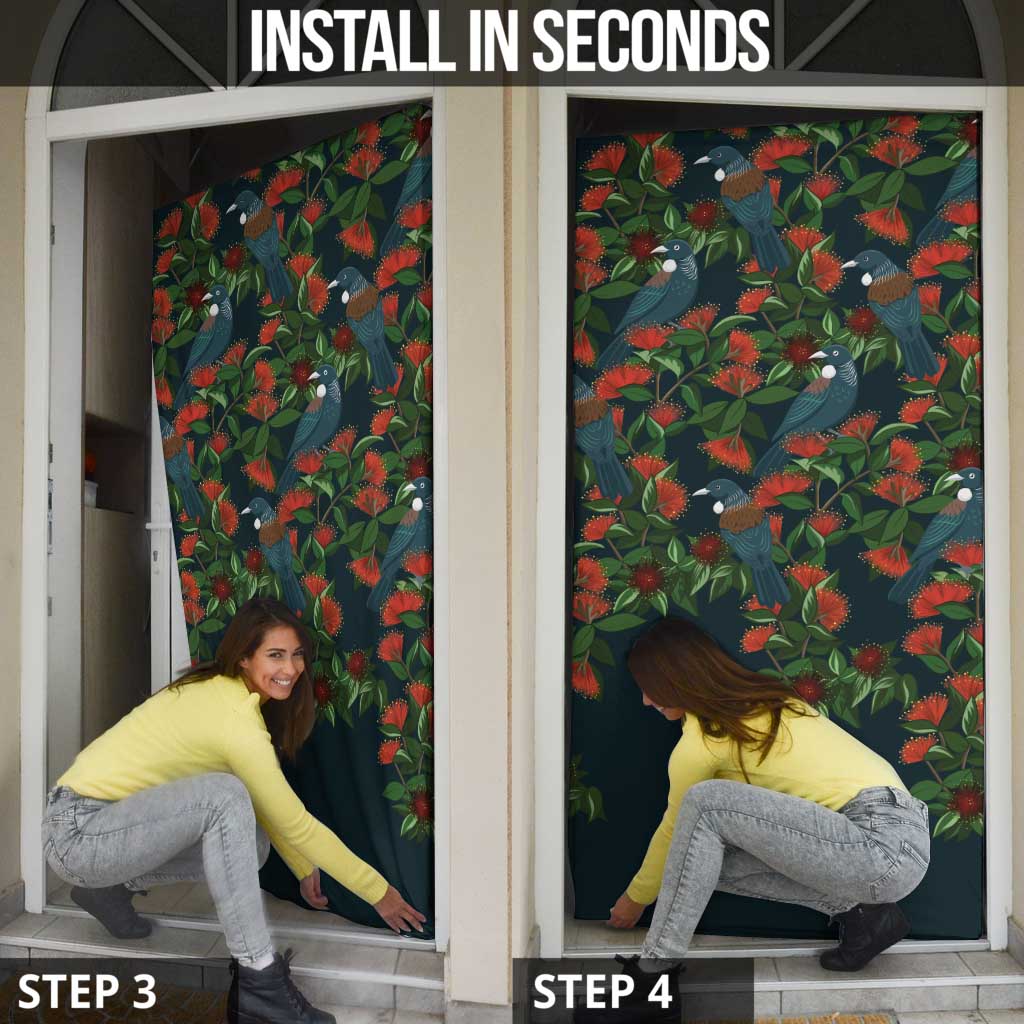 New Zealand Christmas Door Cover Romantic Tui Birds on Pohutukawa - Cobalt - Polynesian Pride