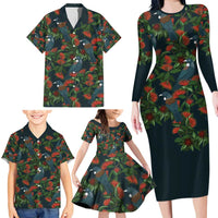 New Zealand Christmas Family Matching Long Sleeve Bodycon Dress and Hawaiian Shirt Romantic Tui Birds on Pohutukawa - Cobalt - Polynesian Pride