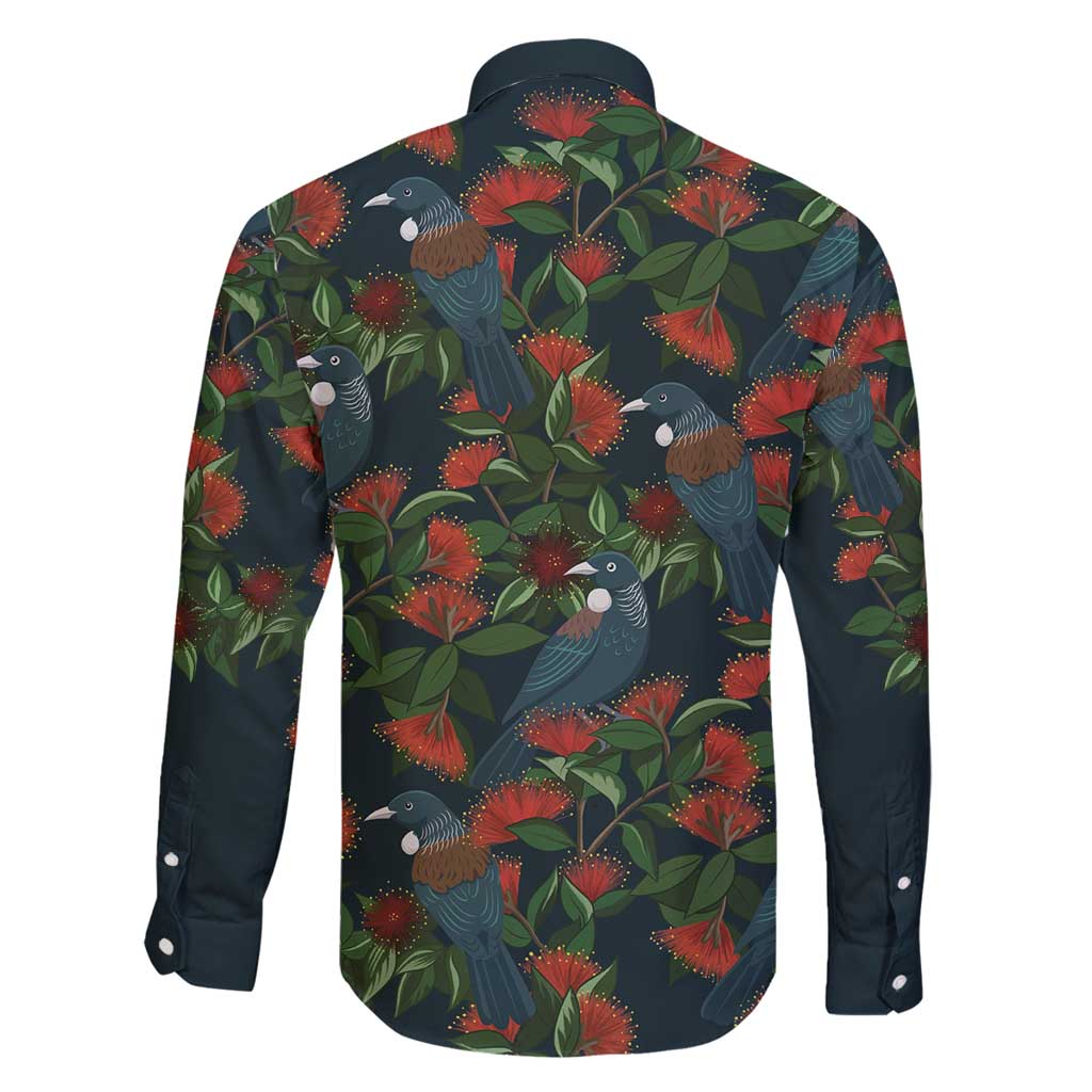 New Zealand Christmas Family Matching Long Sleeve Bodycon Dress and Hawaiian Shirt Romantic Tui Birds on Pohutukawa - Cobalt - Polynesian Pride