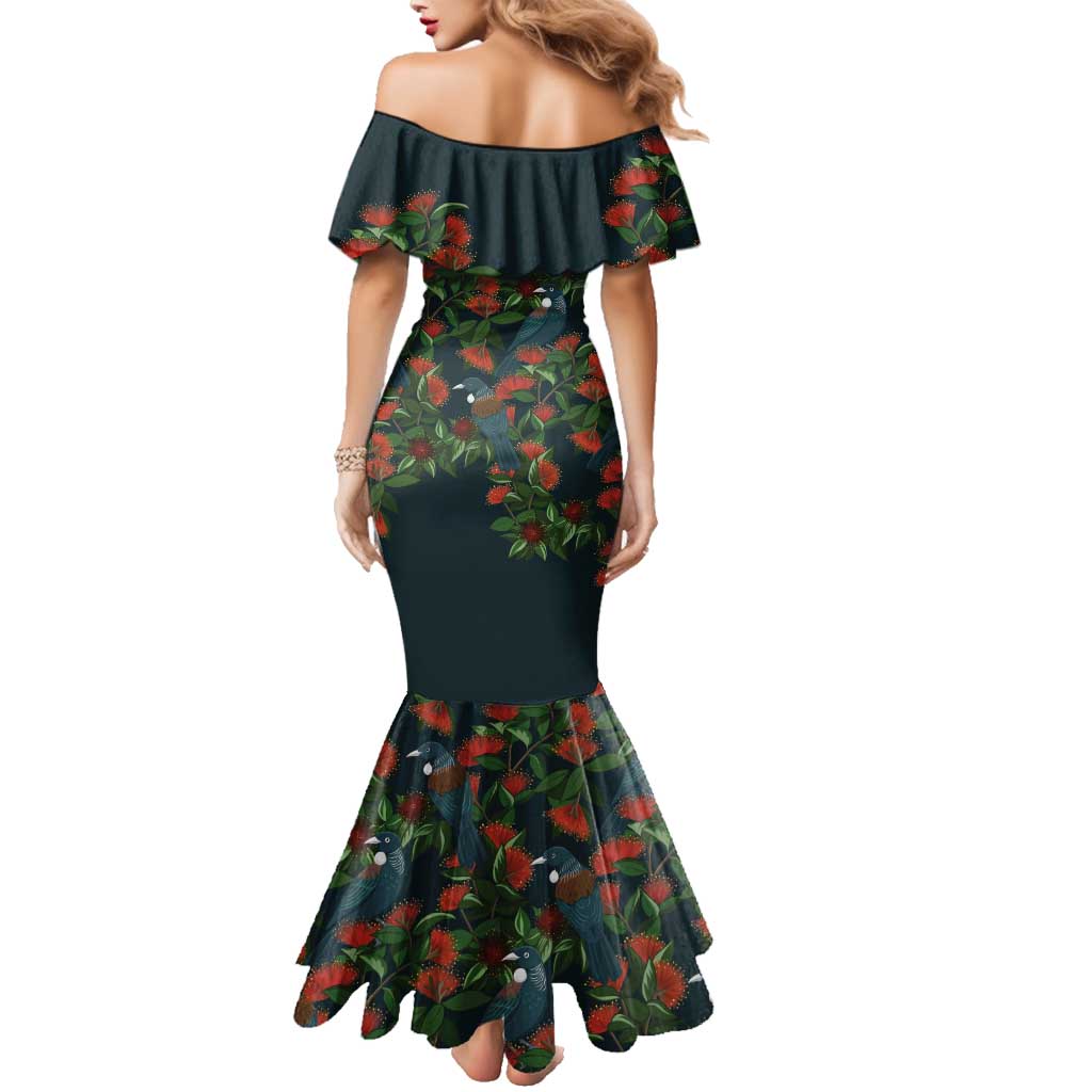 New Zealand Christmas Family Matching Mermaid Dress and Hawaiian Shirt Romantic Tui Birds on Pohutukawa - Cobalt - Polynesian Pride
