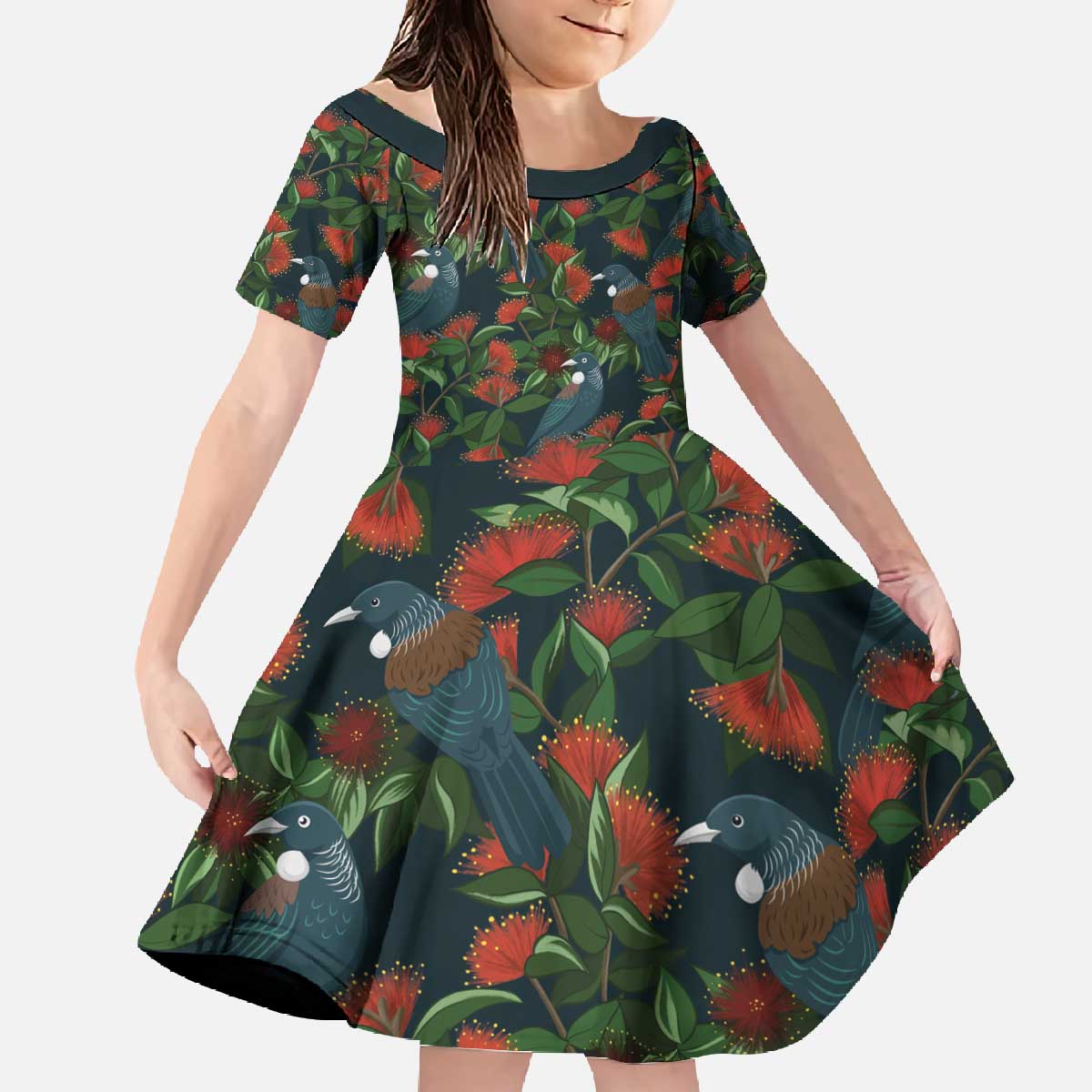 New Zealand Christmas Family Matching Off The Shoulder Long Sleeve Dress and Hawaiian Shirt Romantic Tui Birds on Pohutukawa - Cobalt - Polynesian Pride