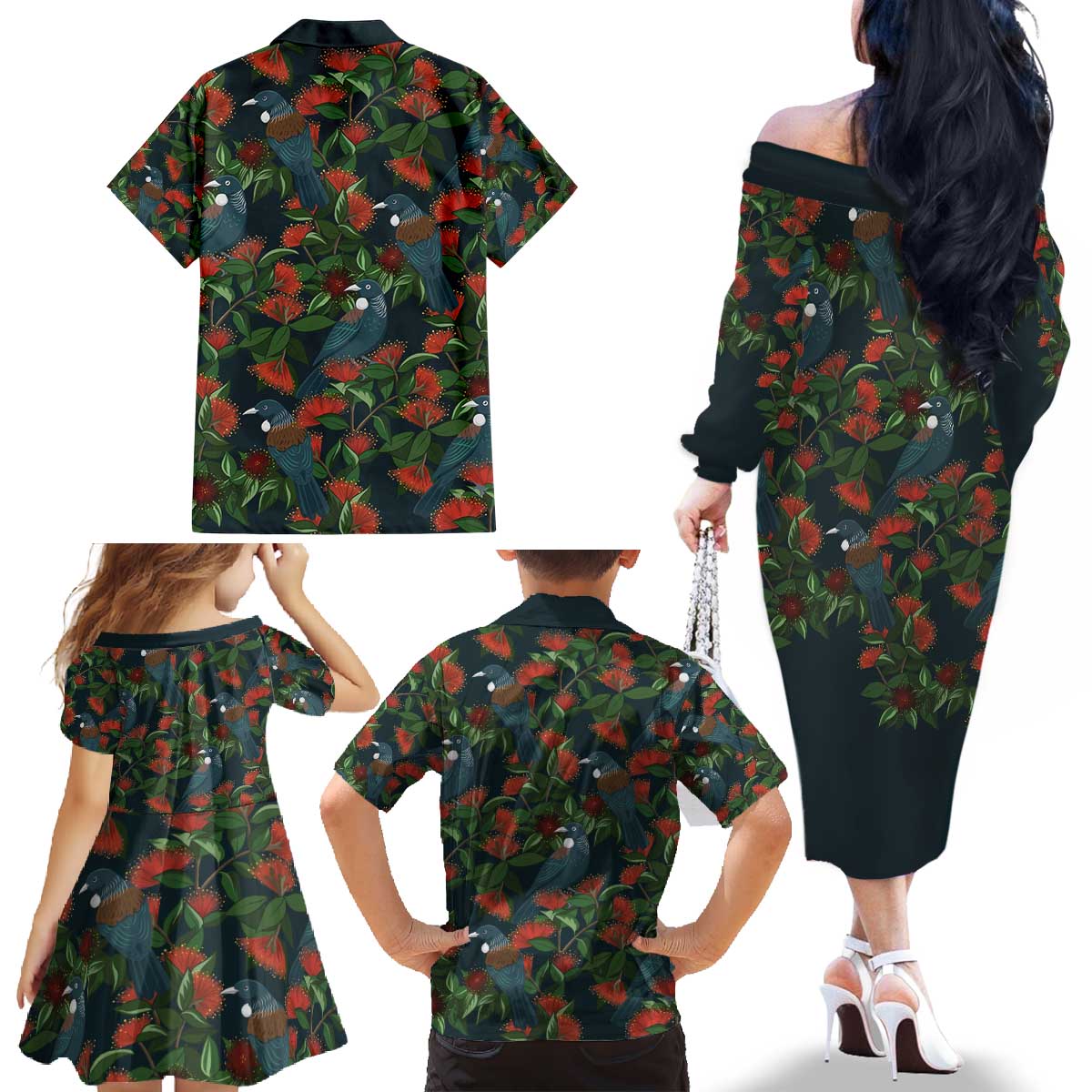 New Zealand Christmas Family Matching Off The Shoulder Long Sleeve Dress and Hawaiian Shirt Romantic Tui Birds on Pohutukawa - Cobalt - Polynesian Pride