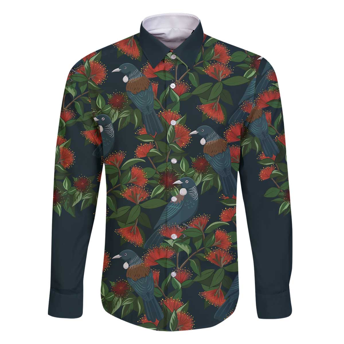 New Zealand Christmas Family Matching Off The Shoulder Long Sleeve Dress and Hawaiian Shirt Romantic Tui Birds on Pohutukawa - Cobalt - Polynesian Pride