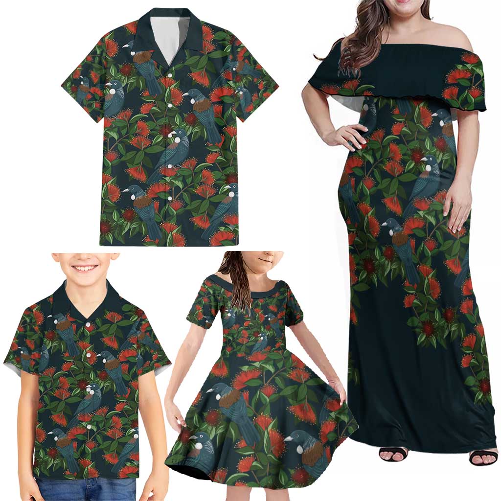 New Zealand Christmas Family Matching Off Shoulder Maxi Dress and Hawaiian Shirt Romantic Tui Birds on Pohutukawa - Cobalt - Polynesian Pride