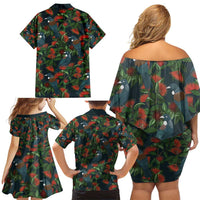 New Zealand Christmas Family Matching Off Shoulder Short Dress and Hawaiian Shirt Romantic Tui Birds on Pohutukawa - Cobalt - Polynesian Pride