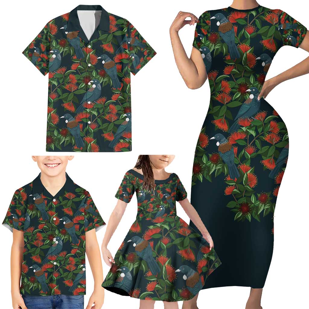 New Zealand Christmas Family Matching Short Sleeve Bodycon Dress and Hawaiian Shirt Romantic Tui Birds on Pohutukawa - Cobalt - Polynesian Pride