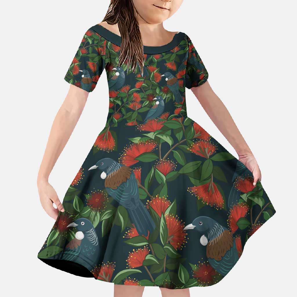 New Zealand Christmas Family Matching Tank Maxi Dress and Hawaiian Shirt Romantic Tui Birds on Pohutukawa - Cobalt - Polynesian Pride