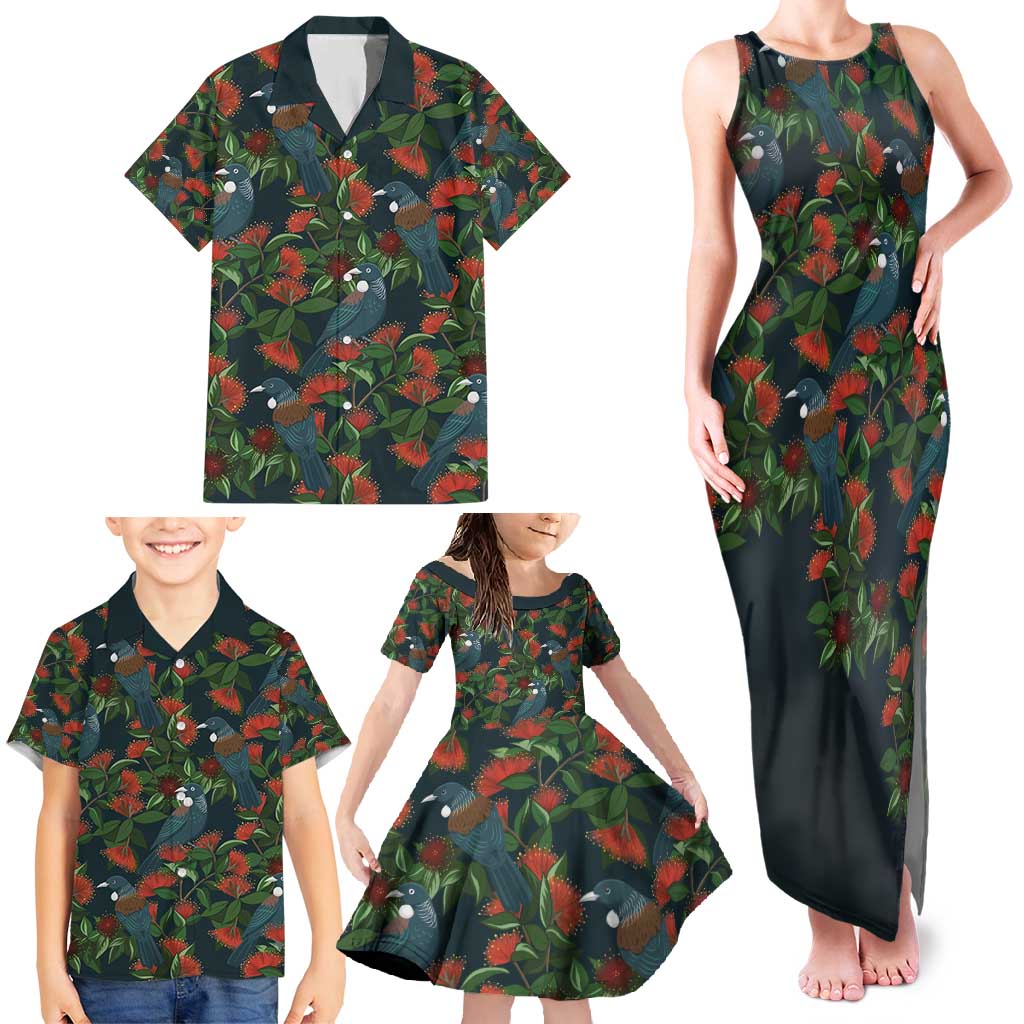 New Zealand Christmas Family Matching Tank Maxi Dress and Hawaiian Shirt Romantic Tui Birds on Pohutukawa - Cobalt - Polynesian Pride