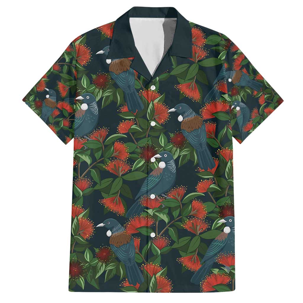 New Zealand Christmas Hawaiian Shirt Romantic Tui Birds on Pohutukawa - Cobalt - Polynesian Pride